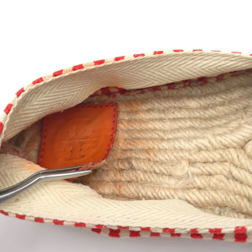Tory Burch Striped Canvas Espadrilles Red Cream Logo‎ Round Toe Flat Shoes 8